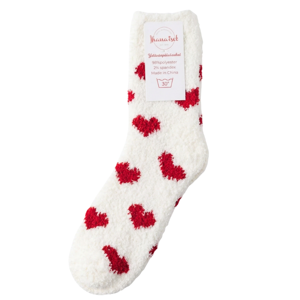 Valkoiset sydän-pörrösukat