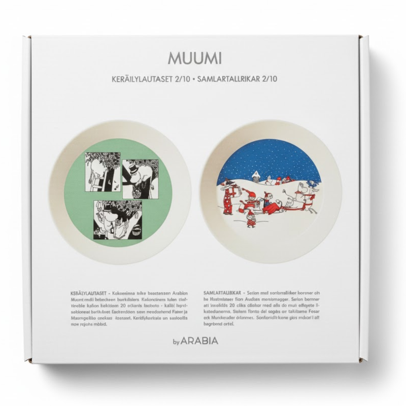 Arabia Muumi Ker&auml;ilylautasetti 2/10, Tove Slotte, Vihre&auml; Sarjakuva & Joulutervehdys, Uusi