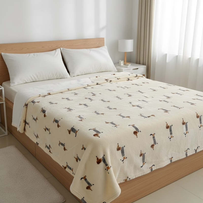 L&auml;mmin Flanelli-torkkupeitto M&auml;yr&auml;koira-kuviolla