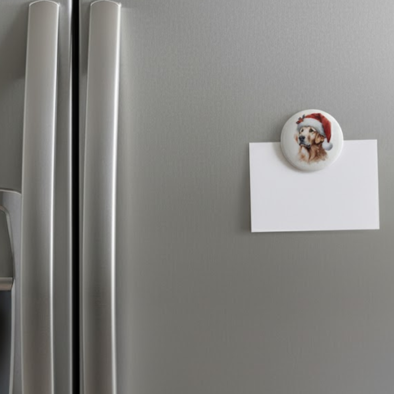 Kultainen noutaja tonttulakissa -joulumagneetti