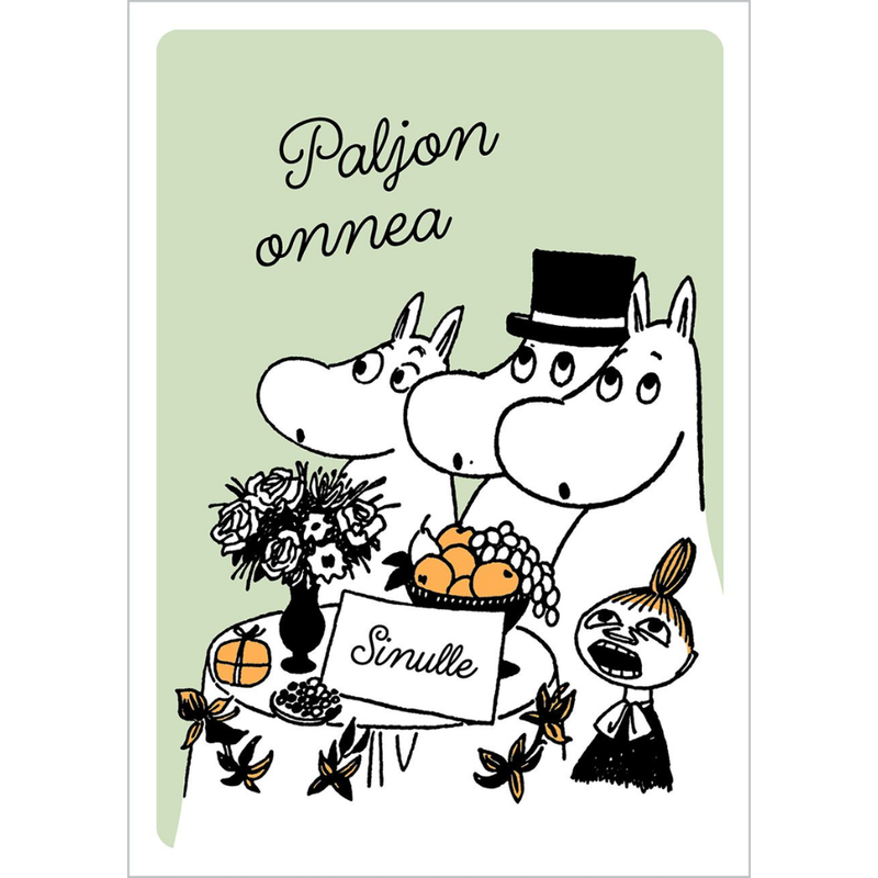 Kohopainettu Muumi-postikortti: Paljon onnea